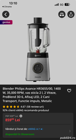 Philips HR3655, 1400W, 35000 RPM, vas sticla 2l, LED Functie impuls