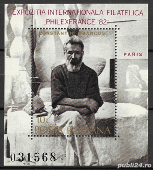 Romania 1982 - Expozitia Filatelica PHILEXFRANCE - C. Brancusi, colita dantelata MNH, LP 1054