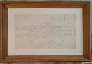 Tablou Grafica in creion 1967 Iasi Peisaj Document Cartier Nicolina CUG inramat 46X70cm