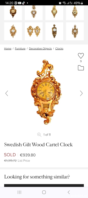 Ceas de perete mecanic . Cartel  Suedia suflat cu Aur .