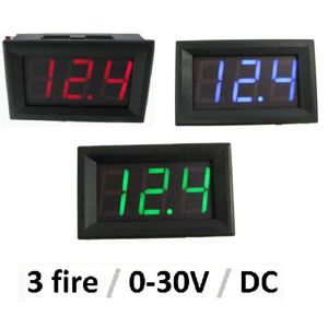 Voltmetru digital 0-30V DC, cu 3 fire, tip Panou LED Albastru blue inclusiv auto 12v 24V