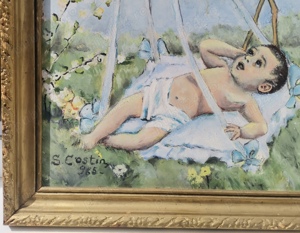 Tablou pictor roman 1965 Barza cu bebeluș pictura ulei inramat 42x54cm - imagine 3