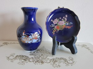 cadou rar Vaza Farfurie portelan Blue Cobalt Pauni Flori Japonia 1980