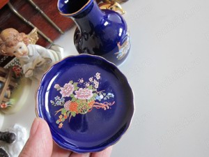 cadou rar Vaza Farfurie portelan Blue Cobalt Pauni Flori Japonia 1980 - imagine 4