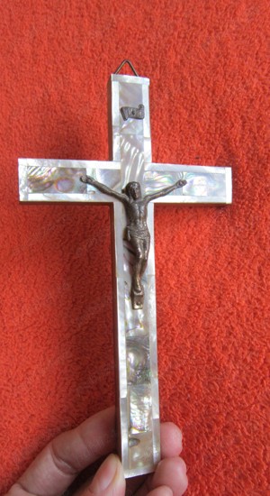 cadou rar Cruce Crucifix Ierusalim1950 lemn maslin Mother of pearl Abalone  - imagine 6