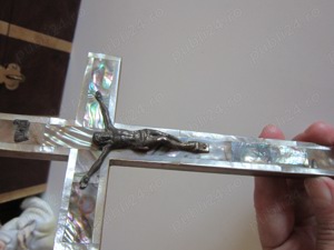 cadou rar Cruce Crucifix Ierusalim1950 lemn maslin Mother of pearl Abalone  - imagine 5