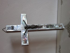 cadou rar Cruce Crucifix Ierusalim1950 lemn maslin Mother of pearl Abalone  - imagine 2