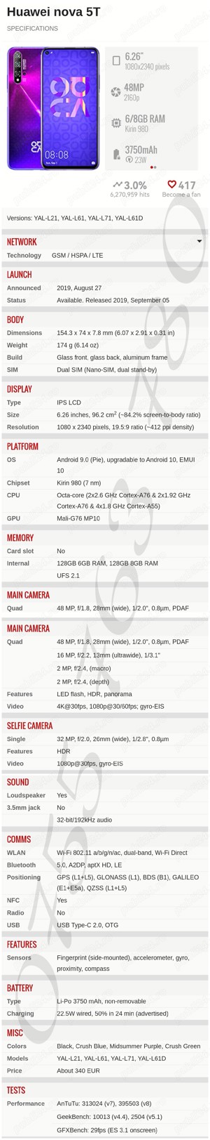 Telefon mobil Huawei Nova 5T, Dual SIM, 128GB, 6GB RAM, 4G, Black - imagine 3