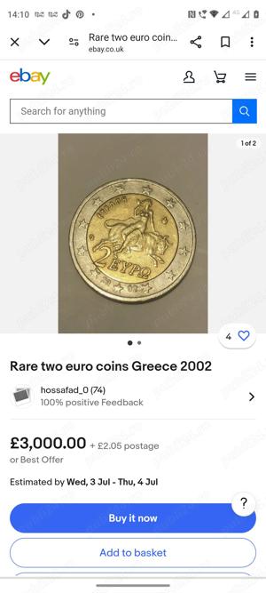 vand moneda foarte rara 2 euro grecia din 2002
