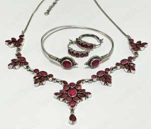 set vintage din argint 925 cu rubine sintetice:colier, cercei, bratara