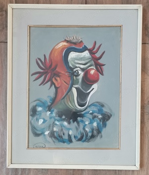 Tablou Portret Clown Vesel pictura in ulei rama lemn 42x52cm