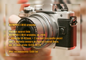 OLYMPUS E-M10 argintiu, ofer recompensa 1500 lei, Lost camera