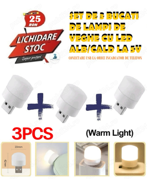 Set de 3 x Lampa de Veghe USB cu Led Alb Cald la 5V 4W- Germania