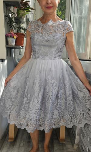 Rochie A-Line, Gri, Dantela, Lungime medie, UK 42