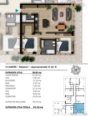 Apartament 3 camere LUX tip Boheme - imagine 9