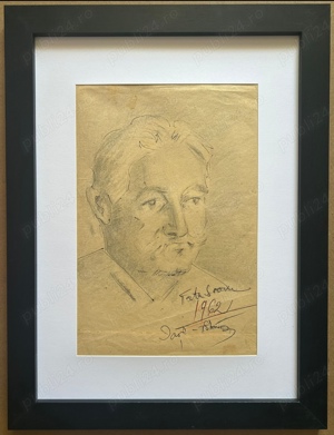 Tablou 1962 Iaşi Portret Bărbat Bucovinean grafică în cărbune și tuș inramat 35x46cm