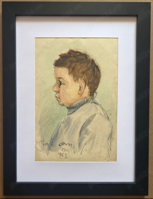 Tablou 1963 Portret Profil de Copil pictura în acuarele inramat 35x46cm