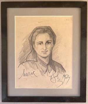 Tablou 1964 Portret Soție Maria Schipor grafică în creion inramat 29x34cm