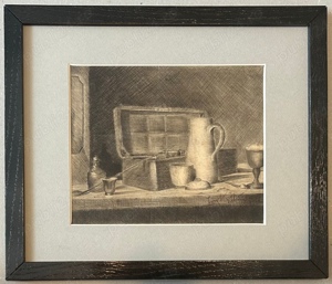 Tablou pictor roman 1953 Natura Moarta grafica in tus inramat 29x34cm