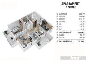 Apartament de 3 camere finisat, 62mp utili, cartier rezidențial nou!