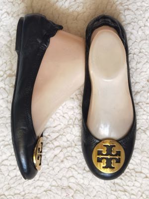 Balerini negri dama piele naturala Tory Burch logo metalic supradimensionat auriu opinci femei - imagine 6