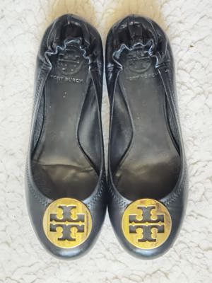 Balerini negri dama piele naturala Tory Burch logo metalic supradimensionat auriu opinci femei - imagine 4