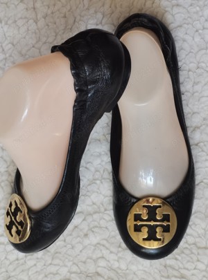 Balerini negri dama piele naturala Tory Burch logo metalic supradimensionat auriu opinci femei - imagine 3