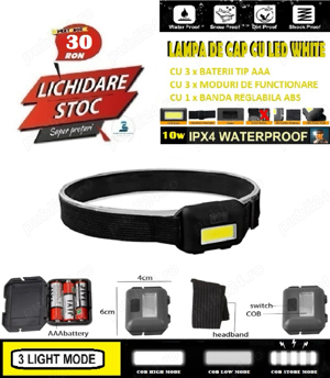 Lampa de cap cu Led COB 10W - 3 x Moduri - WaterProof - UK