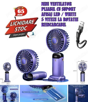 Mini ventilator pliabil cu suport afisaj Led 5 viteze reincarcabil -UK