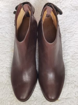 Botine maro dama originale piele naturala brand Coach ghete office femei toc gros fermoar spate 