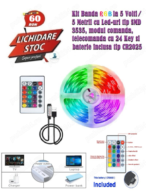 Kit Banda RGB Led-uri SMD3535 la 5V 5M, controler+telecomanda -din UK