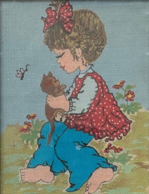 Tablou Goblen anii 80 Fetita cu pisica cusut manual pas mic înrămat 40x46cm - imagine 2