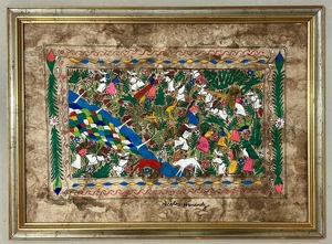 Tablou Peisaj Latin American pictura guașă pe hârtie manuală inramat ramă lemn 46x62cm