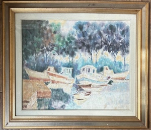 Tablou Peisaj Marin cu Bărci pictura ulei inramat ramă lemn 69x79 cm