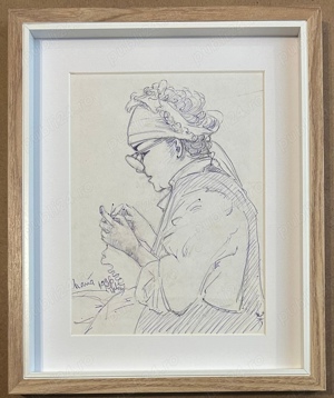 Tablou 1996 Portret Bătrână Croitoreasă grafică înrămat 22x27cm