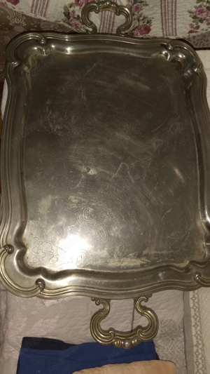 Vând tavă Alpaca argintată 20 microni, 1920, Austria cu șablon manual, 63 49 cm, 4 kg