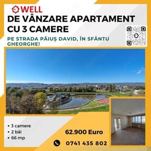 De vânzare apartament cu 3 camere, pe strada Păiuș David, în Sfântu Gheorghe!