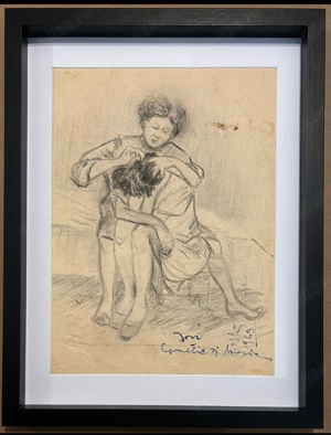 Tablou 1963 Scena dupa baie grafica in carbune inramat 33x43cm