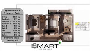 Apartament 3 camere lux, 77mp utili + 8,7mp Balcon, zona Tractorul - imagine 2