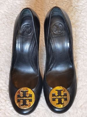 Pantofi negri dama piele toc Tory Burch logo metalic auriu femei - imagine 3