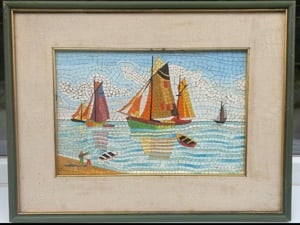 Tablou din mozaic sticlă Peisaj Marin cu Barci realizat manual inramat 33x43cm