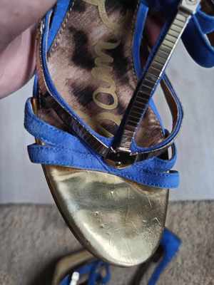 Sam Edelman Alena Indigo Gold Stilleto Blue Suede Leather Women s Strappy High Heels Shoes Size 39 - imagine 2