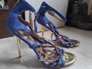 Sam Edelman Alena Indigo Gold Stilleto Blue Suede Leather Women s Strappy High Heels Shoes Size 39