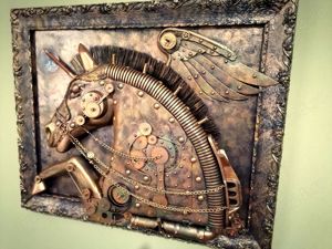 Pegas sculptură steampunk unicorn, inorog tablou 3d unicat - imagine 3