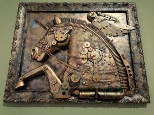 Pegas sculptură steampunk unicorn, inorog tablou 3d unicat - imagine 4