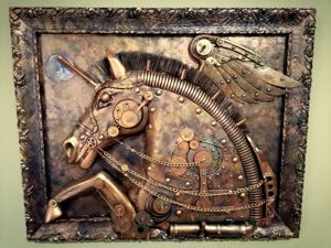 Pegas sculptură steampunk unicorn, inorog tablou 3d unicat - imagine 5