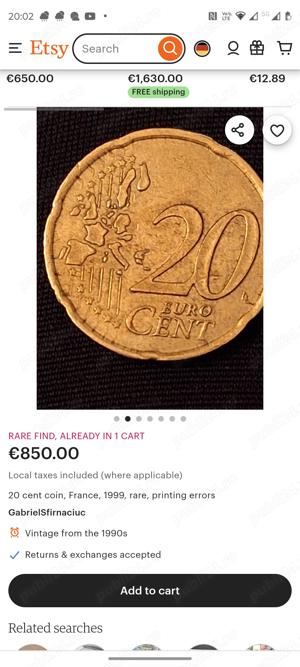 vand moneda rara de 20 eurocenti Franta rara din 1999 - imagine 2