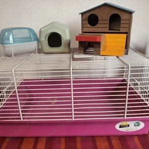 cușcă hamsteri pitici cu toate accesoriile, bilă de plimbare două roți de joacă tuburi ascunzatori e