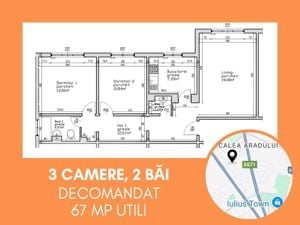 Apartament 3 camere, 2 băi, decomandat, 67 mp utili, zona Aradului