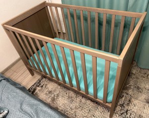 Pătuţ, lemn masiv de fag și MDF, gri, 60x120 cm, SUNDVIK